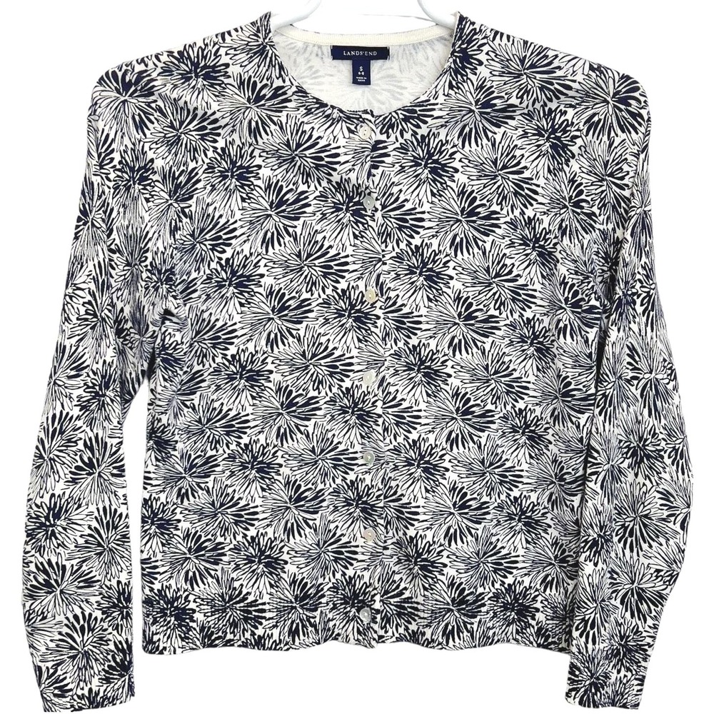 Lands' End Floral Cardigan Women S Navy White Supima Cotton Button Front Sweater